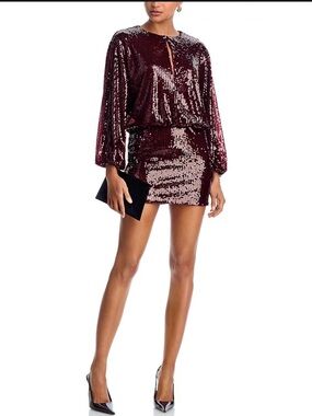 AQUA Burgundy Sequin Long Sleeve Blouson Mini Dress